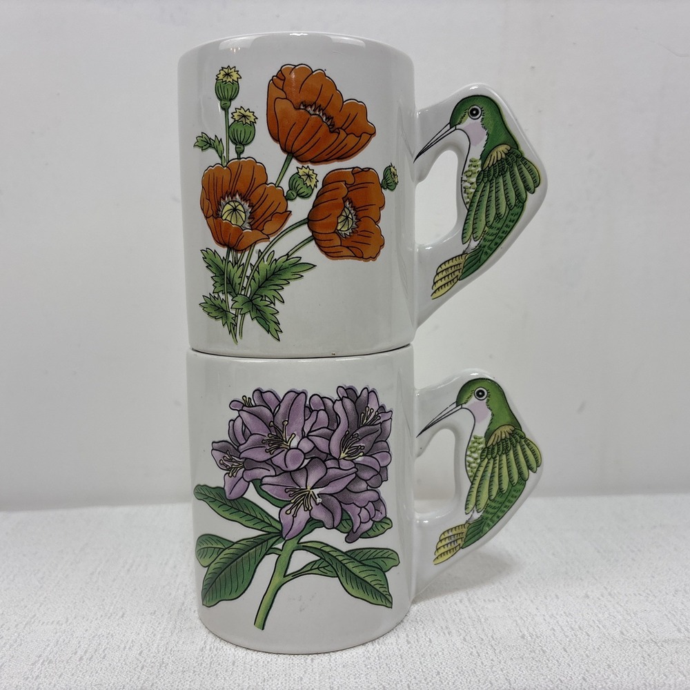 Hummingbird Handle‎ Coffee Tea Mugs Set Of 2 Flowers Cottagecore Garden Cups
